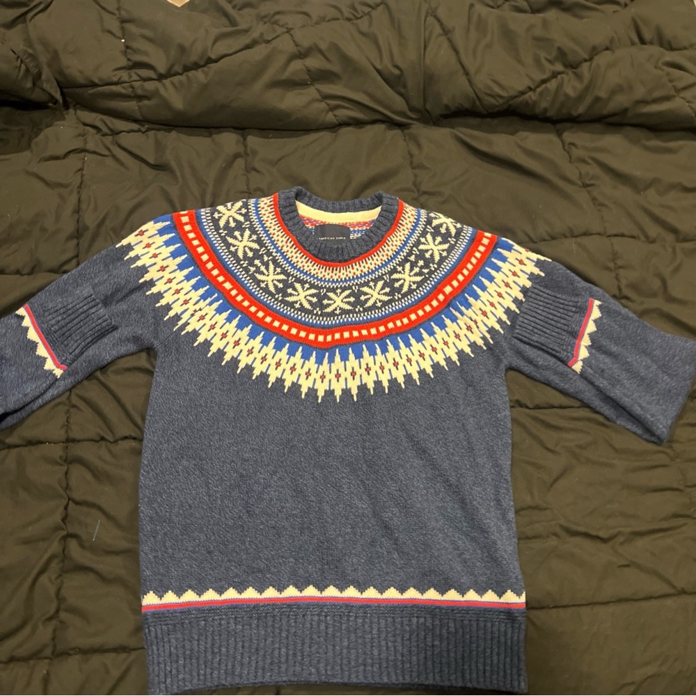 American Eagle Size Large Blue Fair Isle Cotton Wool Thick Sweater Ski Lodge